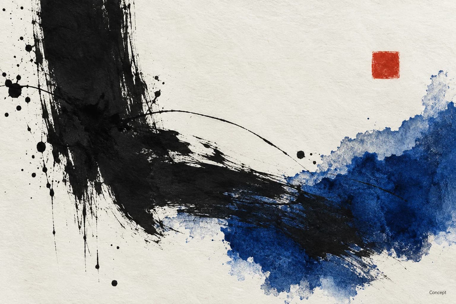 An abstract composition of black ink and cobalt pigment across textured pale paper with a small red square. AI-generated concept study.