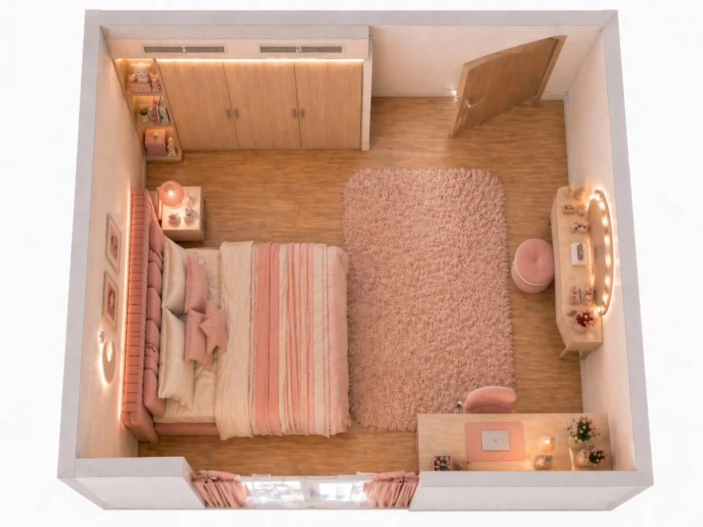 A top-down three-dimensional cutaway model of a small pink bedroom showing the bed against the left wall, a fitted wardrobe, an open door, a shaggy rug, a lit vanity and a desk along the walls.