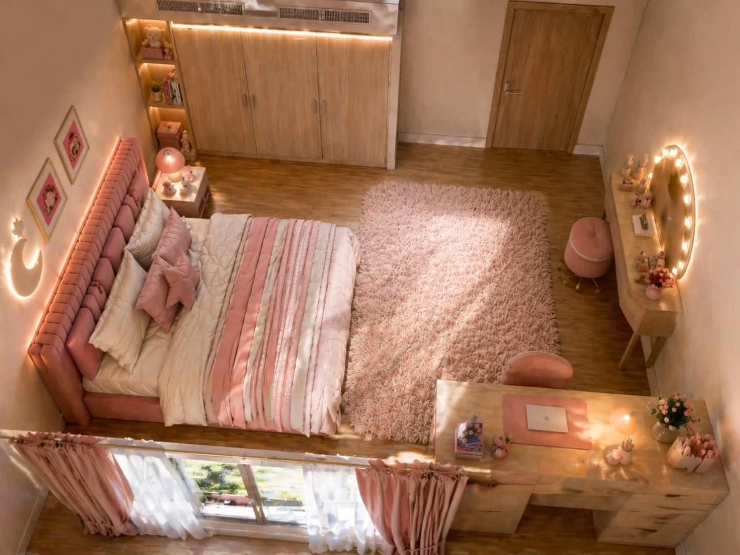 An angled overhead cutaway render of a pink bedroom with a fluted headboard, fitted wood wardrobe, shaggy pink rug, lit vanity mirror and a desk running under the curtained window.