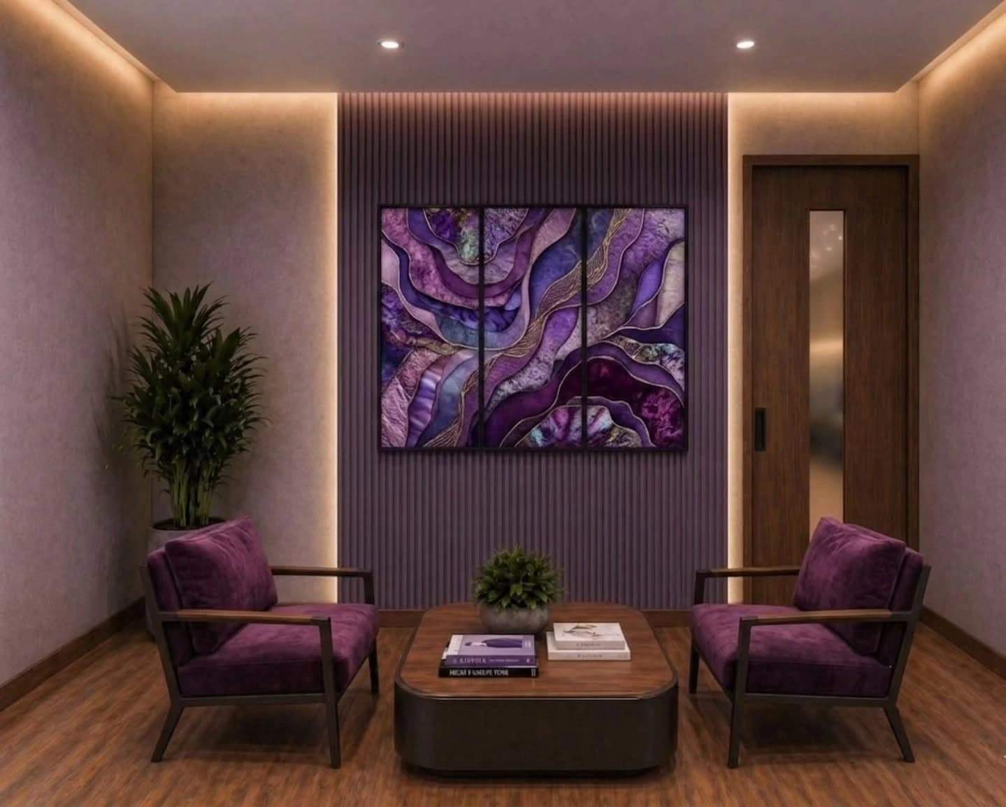 A small seating nook with two purple velvet armchairs facing a dark wood coffee table, set against a fluted lilac accent wall hung with a three-panel abstract purple and gold artwork, beside a wood door with a vertical glass panel.