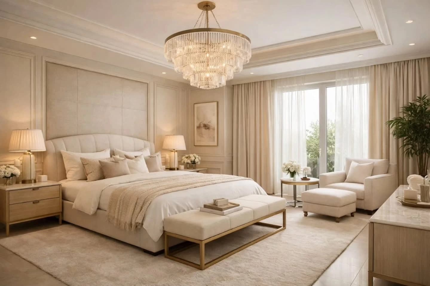 A cream and beige master bedroom with a tall upholstered headboard on a panelled wall, a tiered crystal chandelier, matching table lamps, an upholstered bench at the foot of the bed and an armchair with ottoman by floor-length curtained windows.