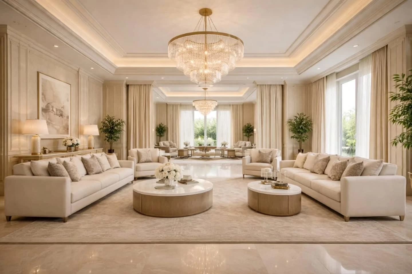A large formal living room with two facing cream sofas, round marble coffee tables, a tiered crystal chandelier, panelled walls, floor-length beige curtains and polished marble flooring, opening to a further seating area at the rear.