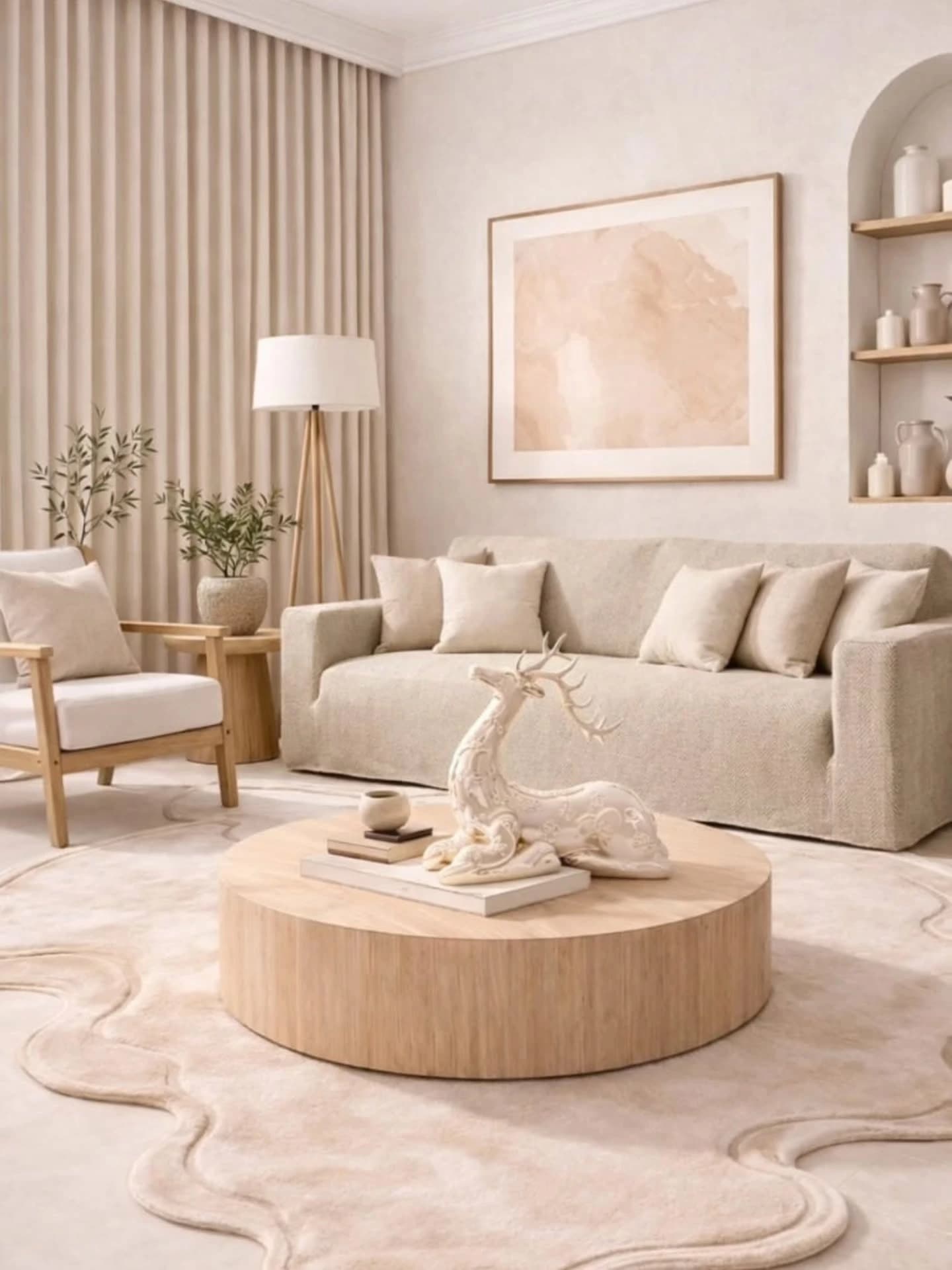 A cream-toned living room with a linen sofa, wooden armchair, round oak coffee table holding a white deer figurine, floor lamp, framed abstract art and arched wall niche with pottery.