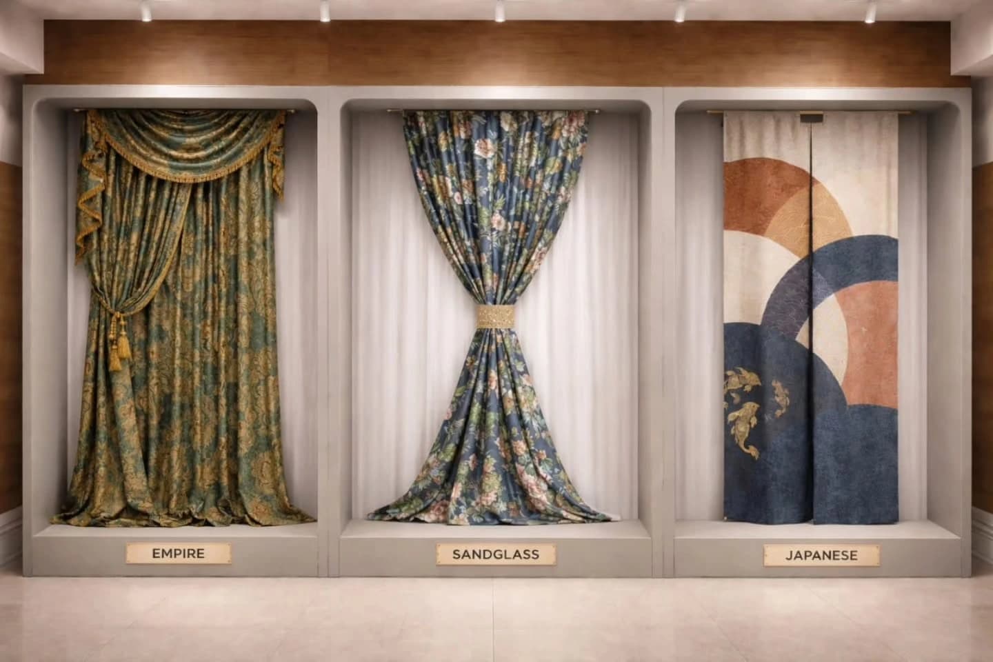 A showroom wall with three recessed alcoves each displaying a curtain style over sheer backing, labelled Empire, Sandglass and Japanese on brass plaques.