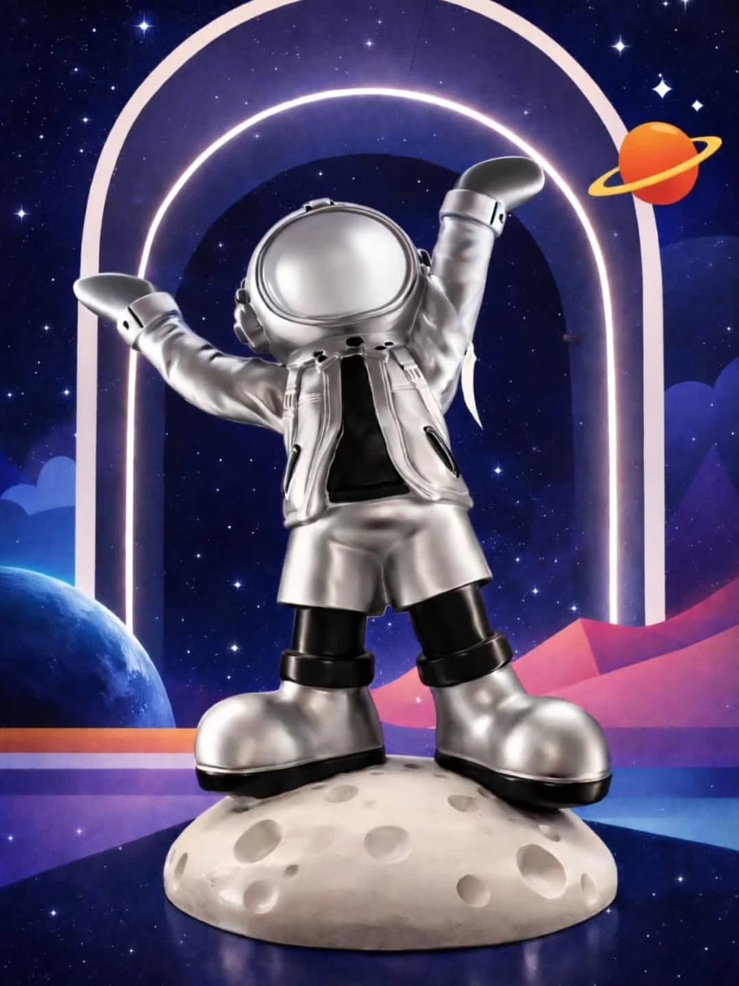 A silver astronaut figurine with raised arms standing on a grey moon-shaped base against an illustrated purple space backdrop with a lit arch.