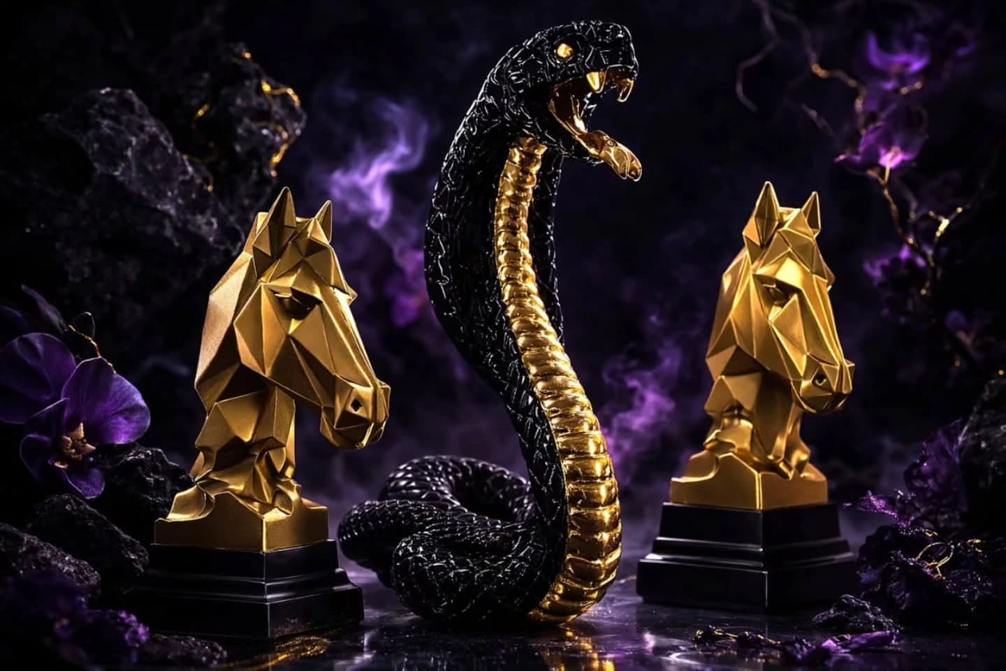 Two faceted gold horse-head sculptures on black plinths flanking a black and gold cobra figurine, against a dark background with purple smoke and orchids.