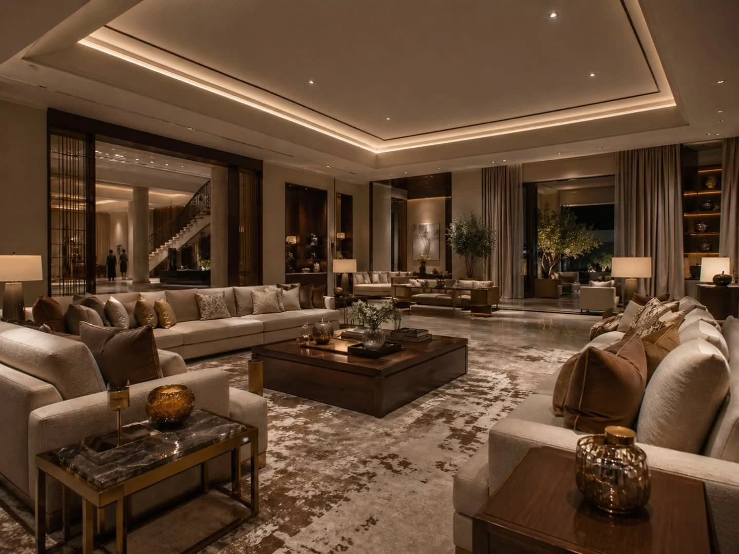 A wide beige and brown formal living room lit at night, with multiple sofas, a low timber coffee table, table lamps and a staircase visible through an opening.
