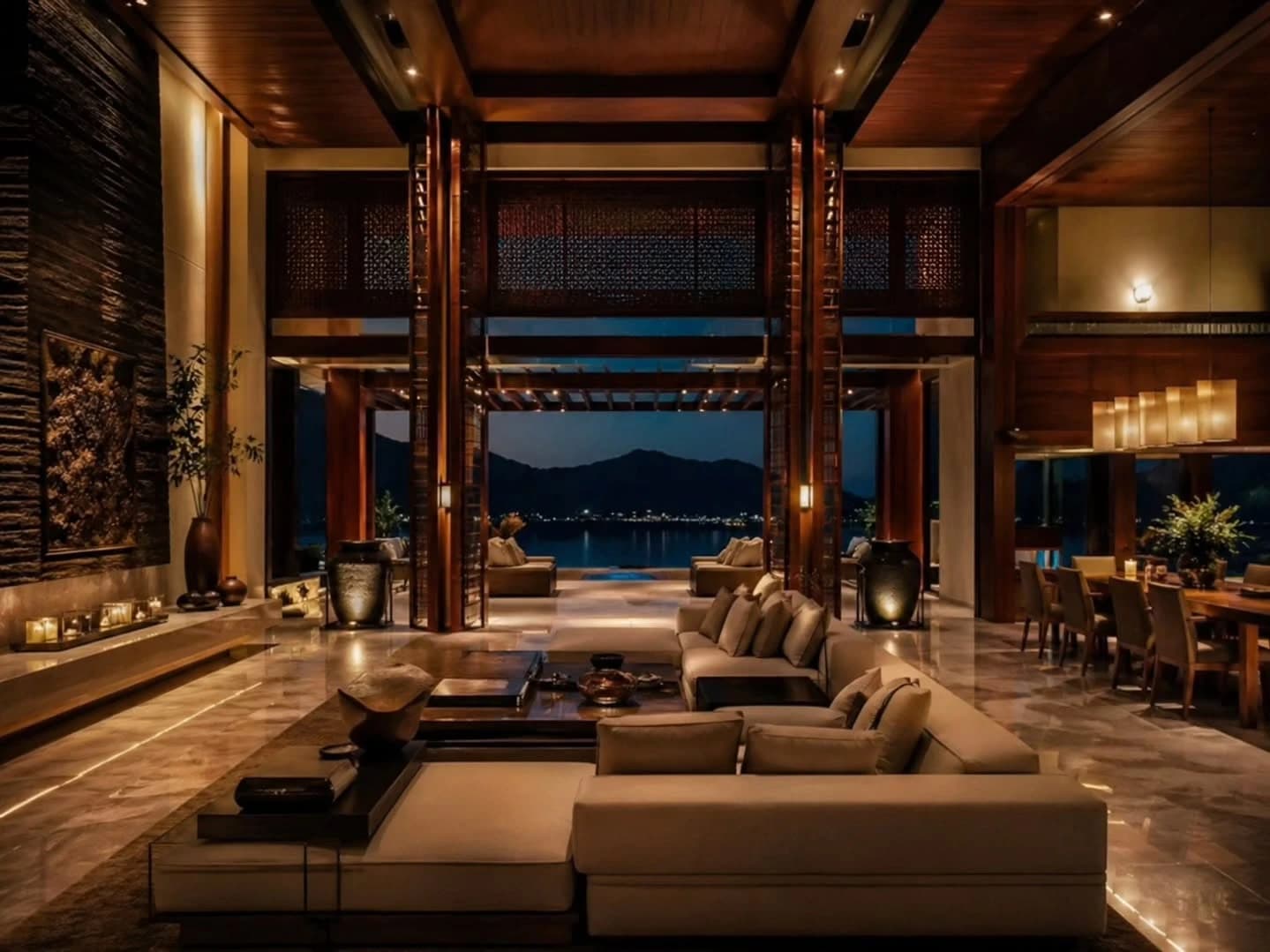 A double-height timber pavilion living room at night, with pale sectional sofas, marble floors and folding doors open to a terrace overlooking water and hills.