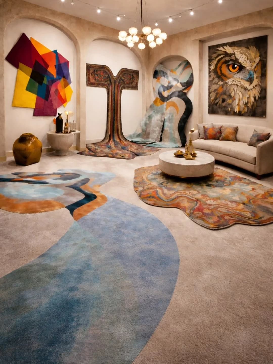 Showroom interior with irregularly shaped patterned rugs on the floor, carpets hung and draped down arched alcove walls, a curved beige sofa, round stone coffee table, brass chandelier and a large painted owl portrait.