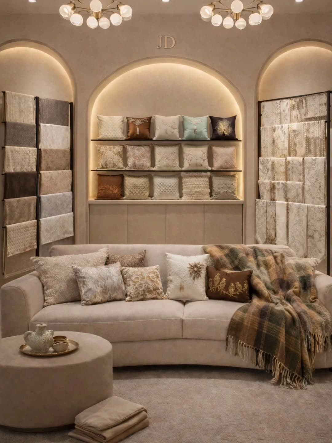 Warm-lit textile showroom with a curved beige sofa and cushions, backlit arched shelving holding rows of decorative pillows, and tall racks of fabric swatches on either side.