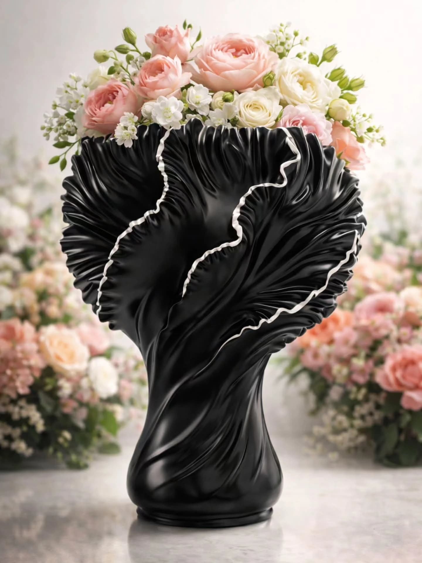 Glossy black vase with sculpted ruffled petal edges and white rims, filled with pink and cream roses, photographed against a soft-focus background of pastel blooms.