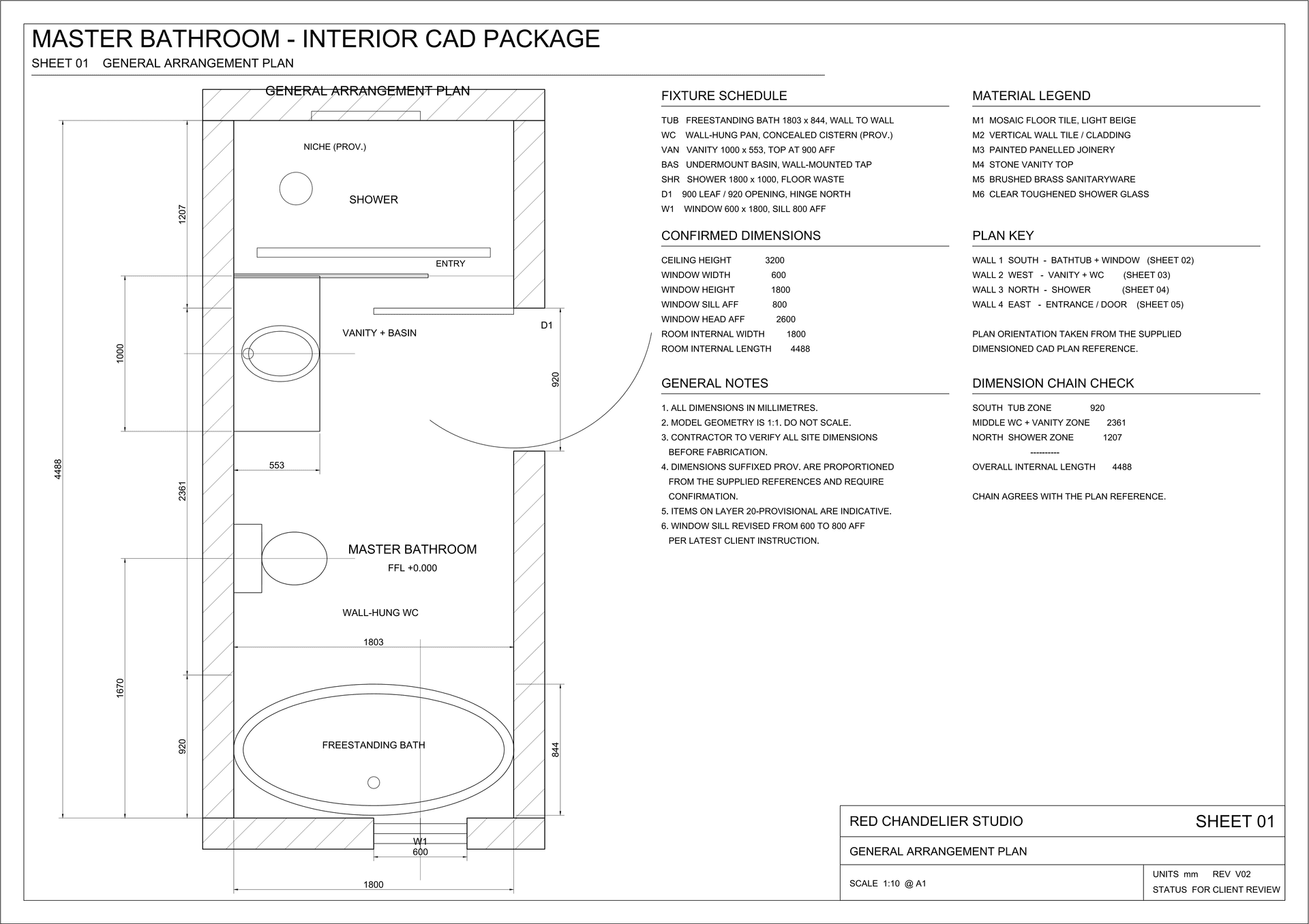 Master bathroom general arrangement plan with dimension strings, fixture setting-out and door swings