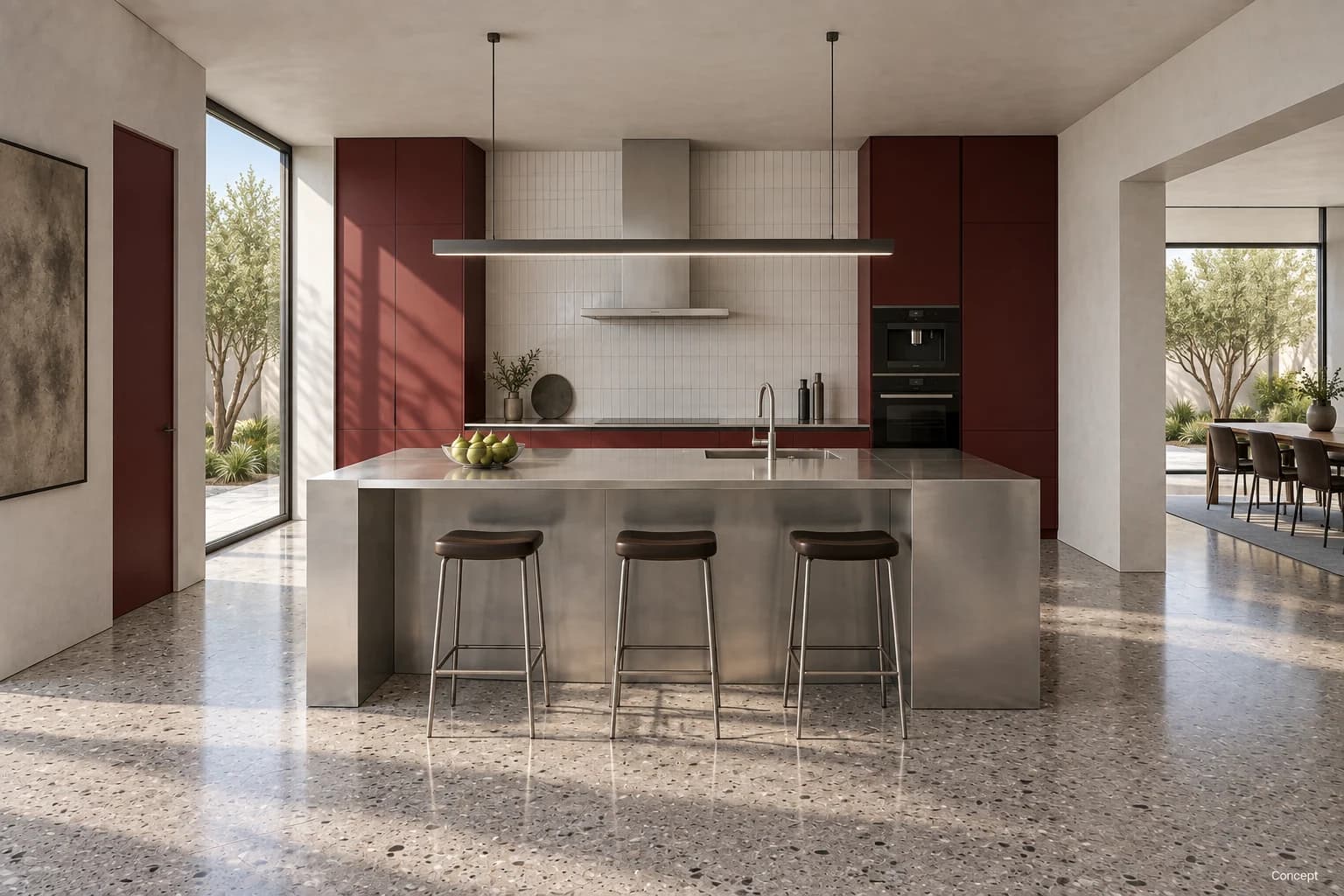 Oxblood cabinetry, stainless-steel island and three leather stools in a sunlit courtyard kitchen. AI-generated concept study.